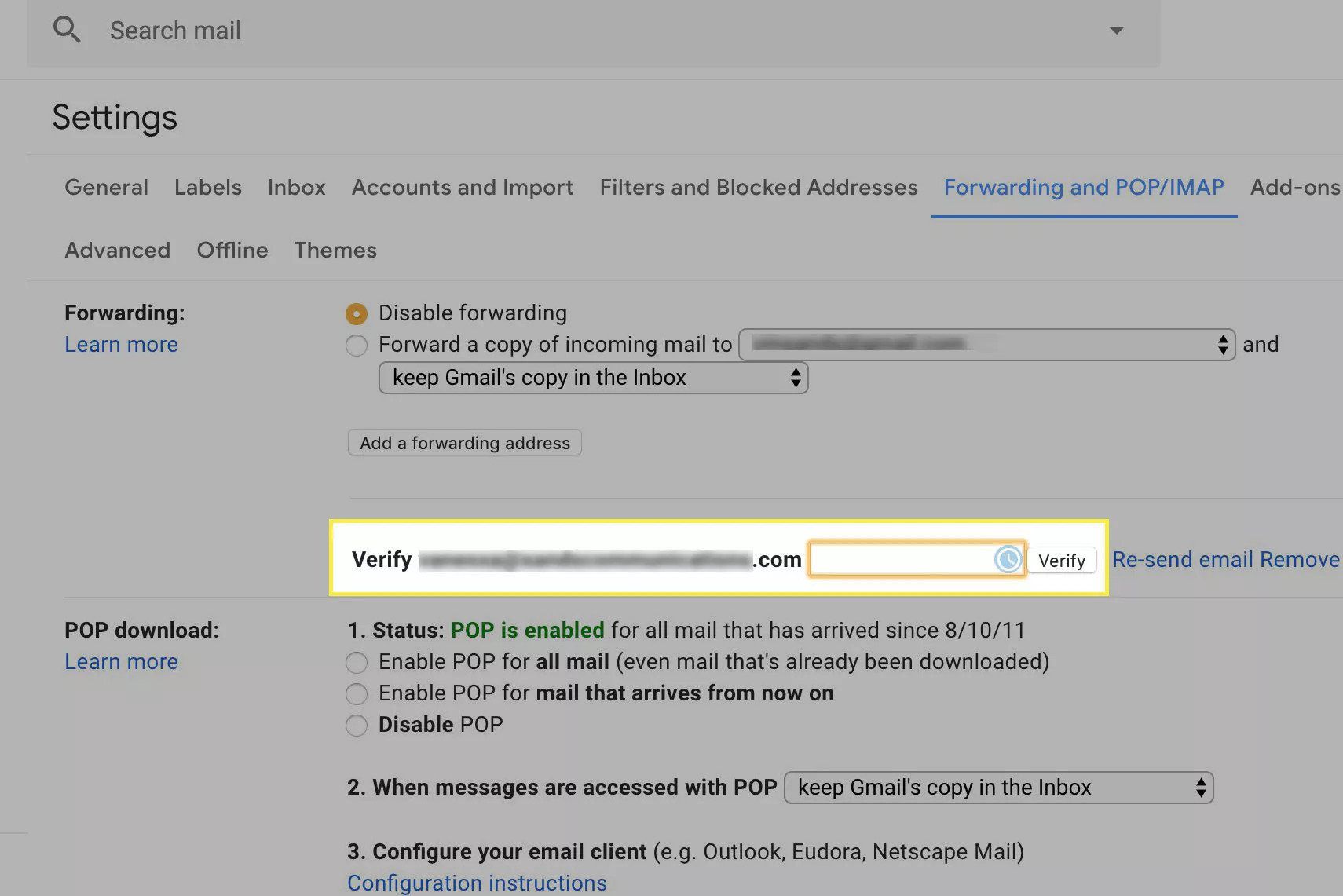 Verifieer e-mail onder e-mail doorsturen in Gmail-instellingen
