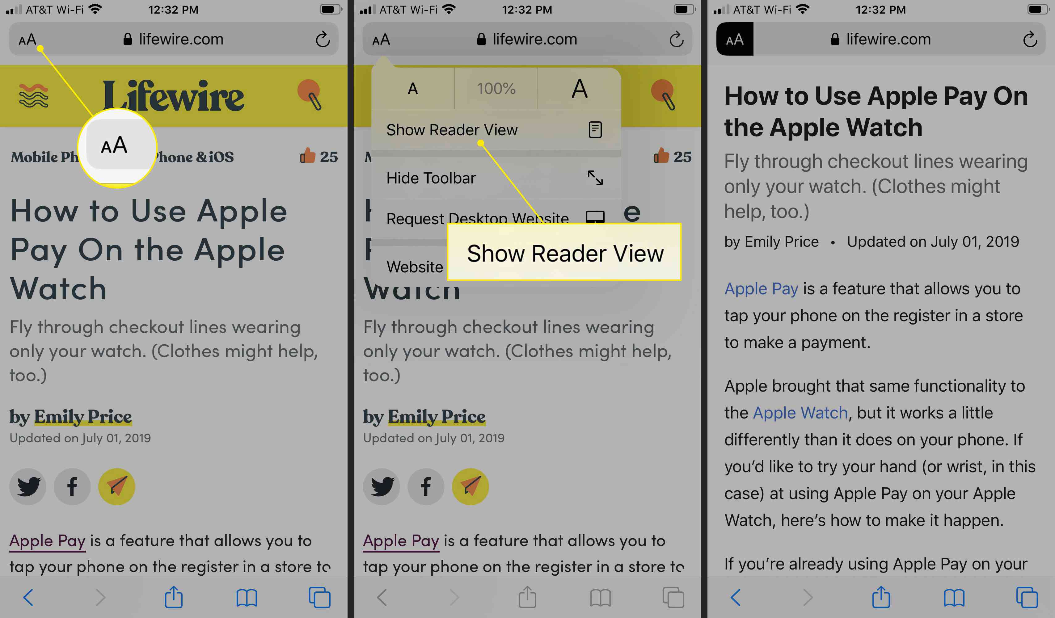 Het tekstmenu en de opdracht "Lezerweergave weergeven" in Safari voor iOS