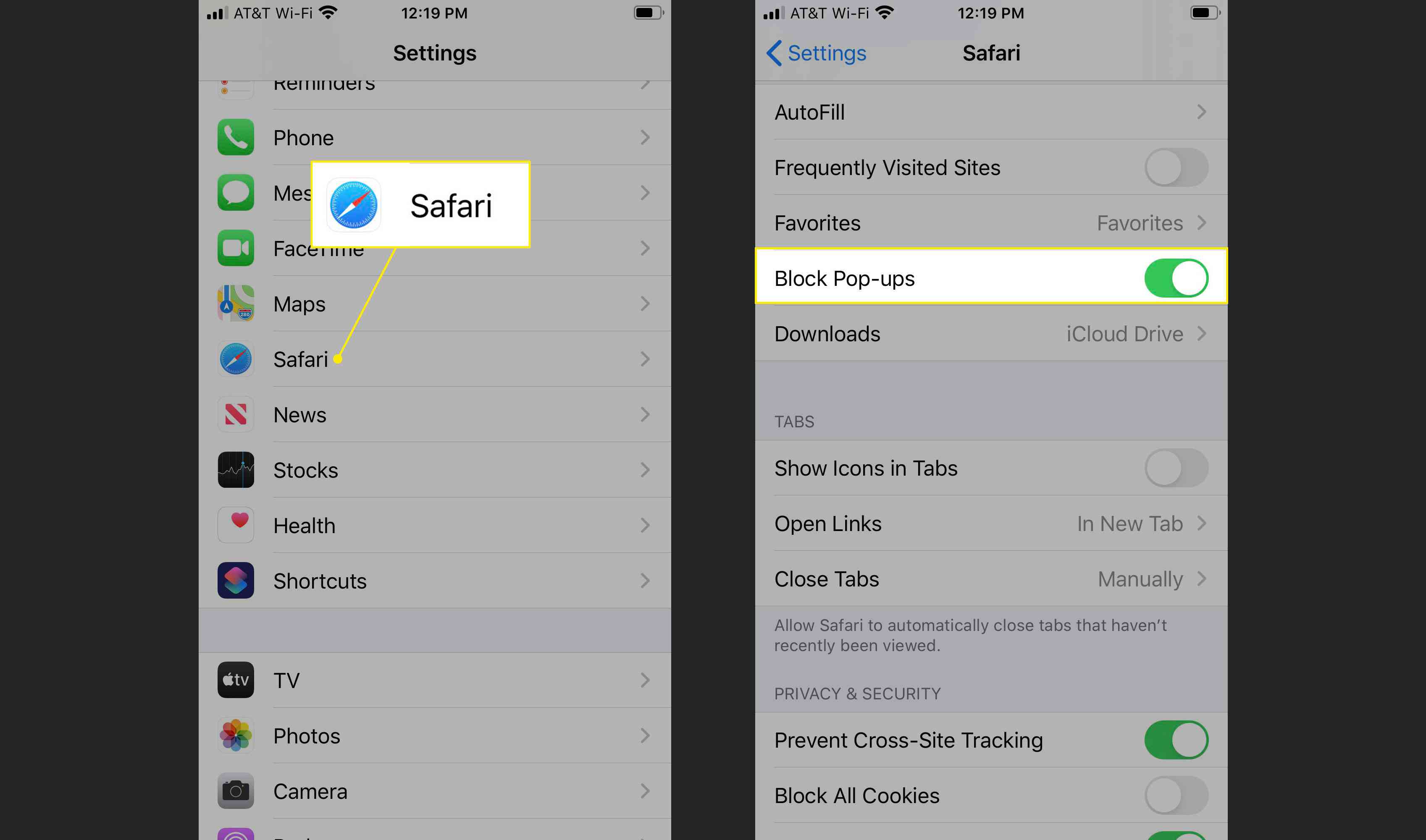De Safari-optie en de opdracht Pop-ups blokkeren in iPhone-instellingen