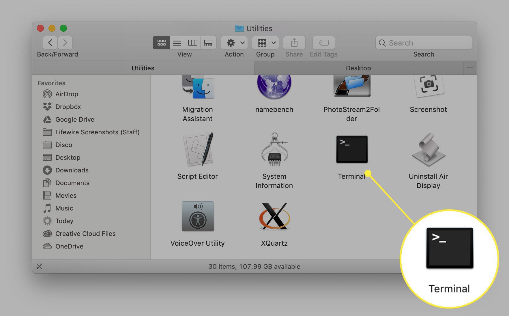 Terminal-app-pictogram in macOS Finder-venster