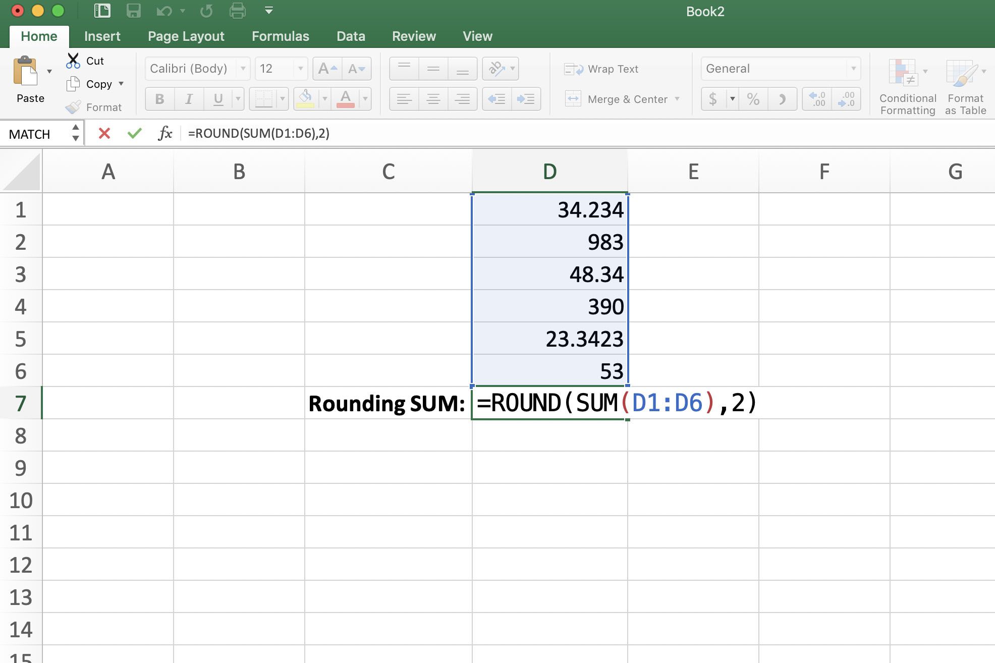 Screenshot van Excel met geneste afronding SUM