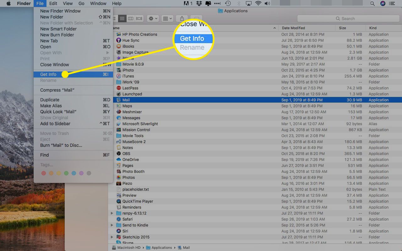 Optie Info ophalen onder het menu Bestand op een Mac