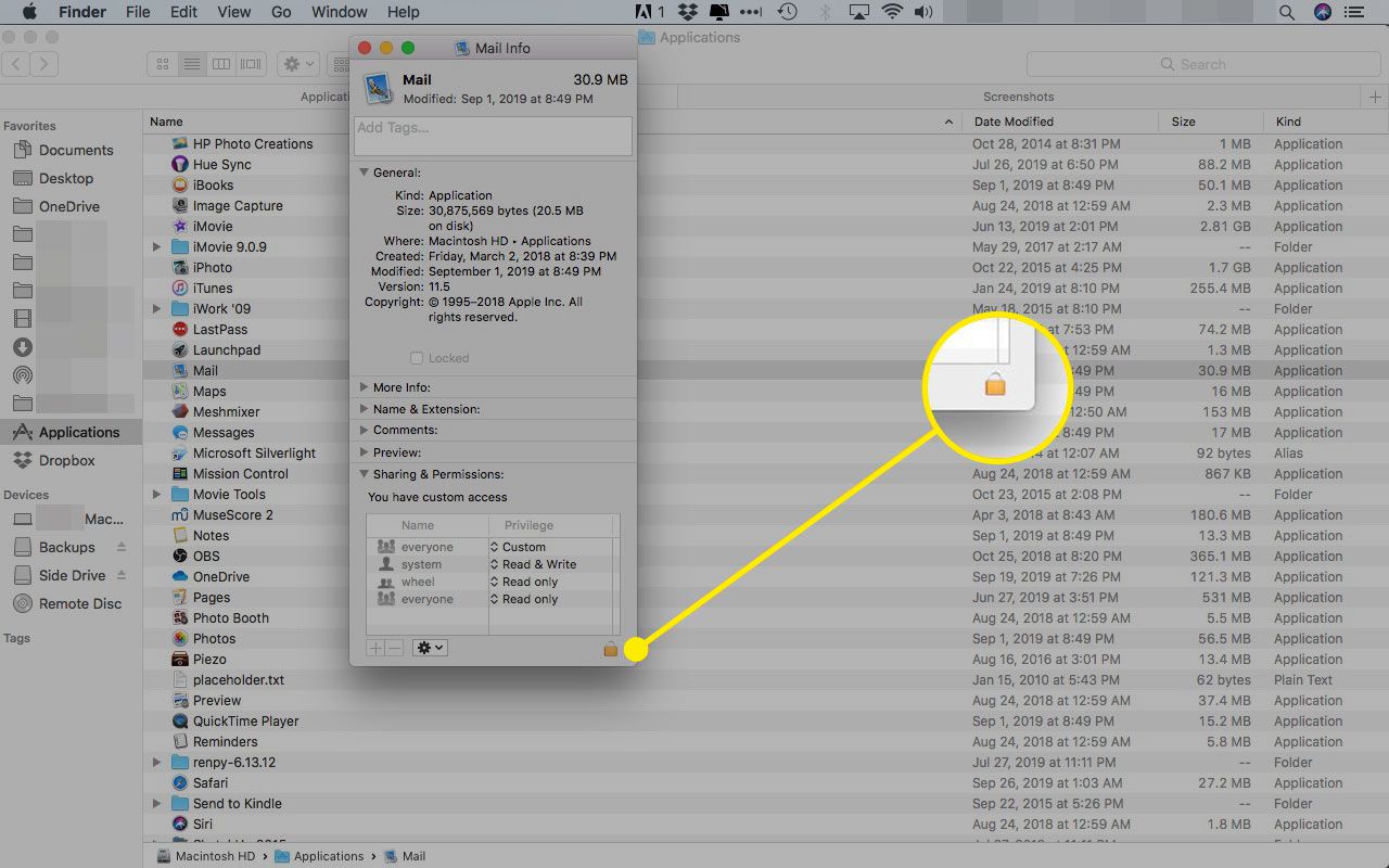 E-mailinfovenster op een Mac met het slotpictogram gemarkeerd