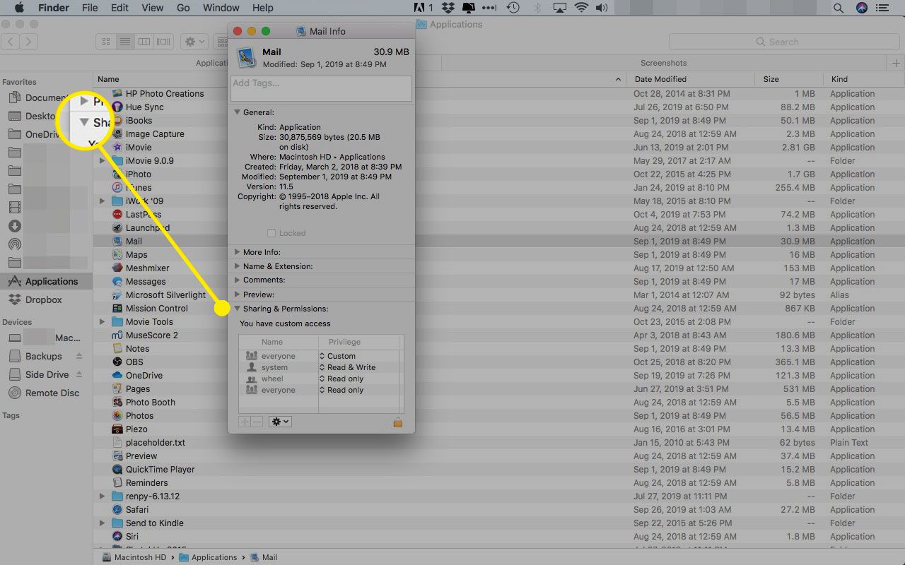 E-mailinfovenster op een Mac met het deelvenster Delen en machtigingen gemarkeerd