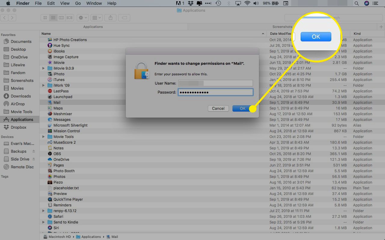Beheerderstoestemmingsprompt op een Mac met de OK-knop gemarkeerd