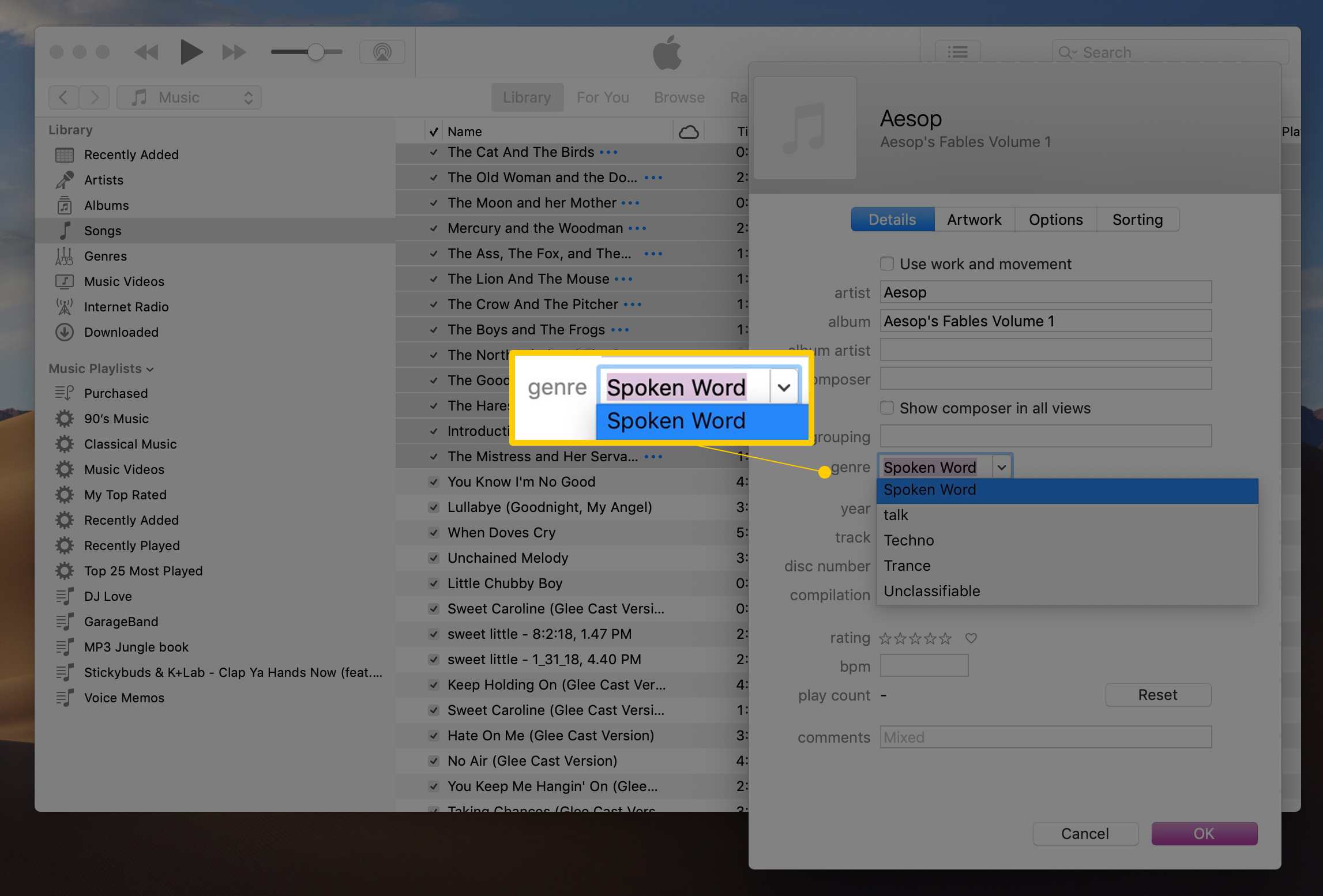 Vervolgkeuzelijst Gesproken Word-genre in het vak iTunes Info ophalen