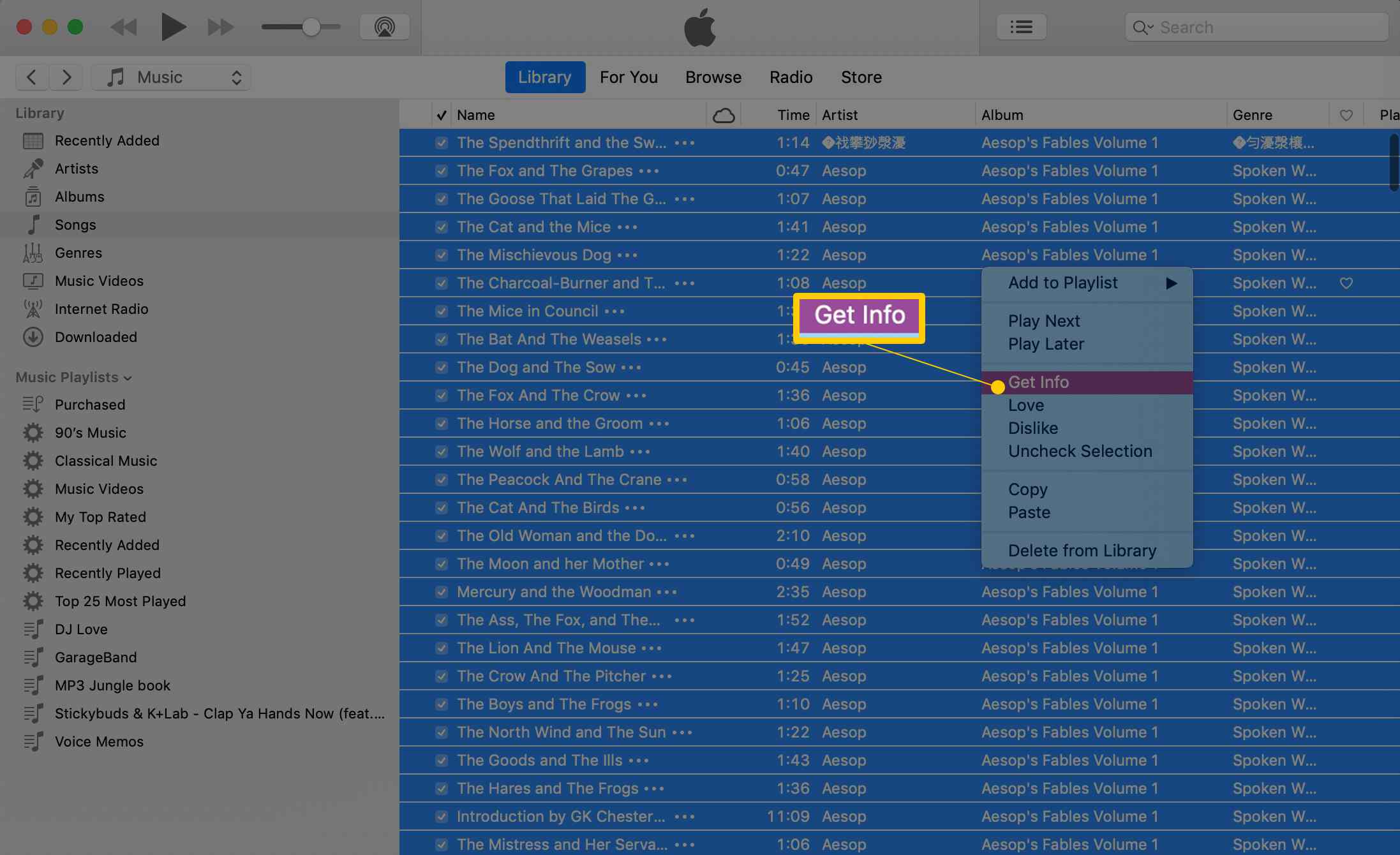 Contextmenu-item Info ophalen in iTunes