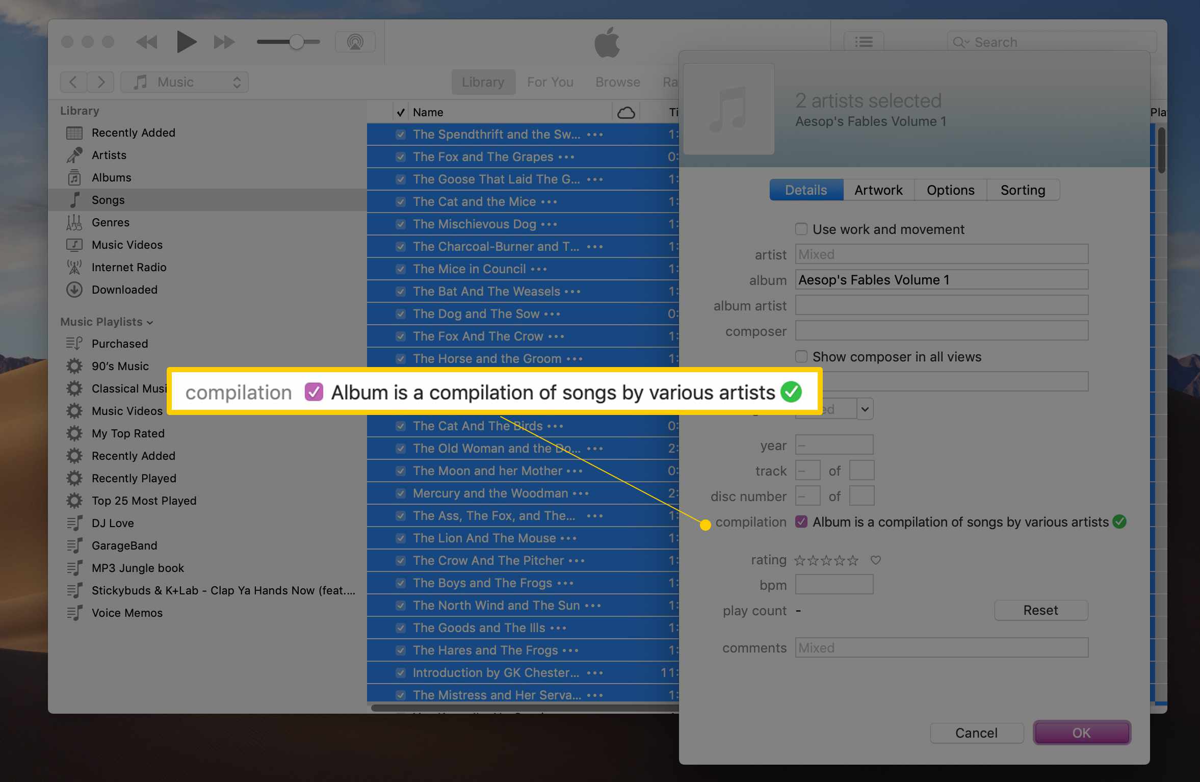Album is een compilatie van nummers van verschillende artiesten checkbox in iTunes