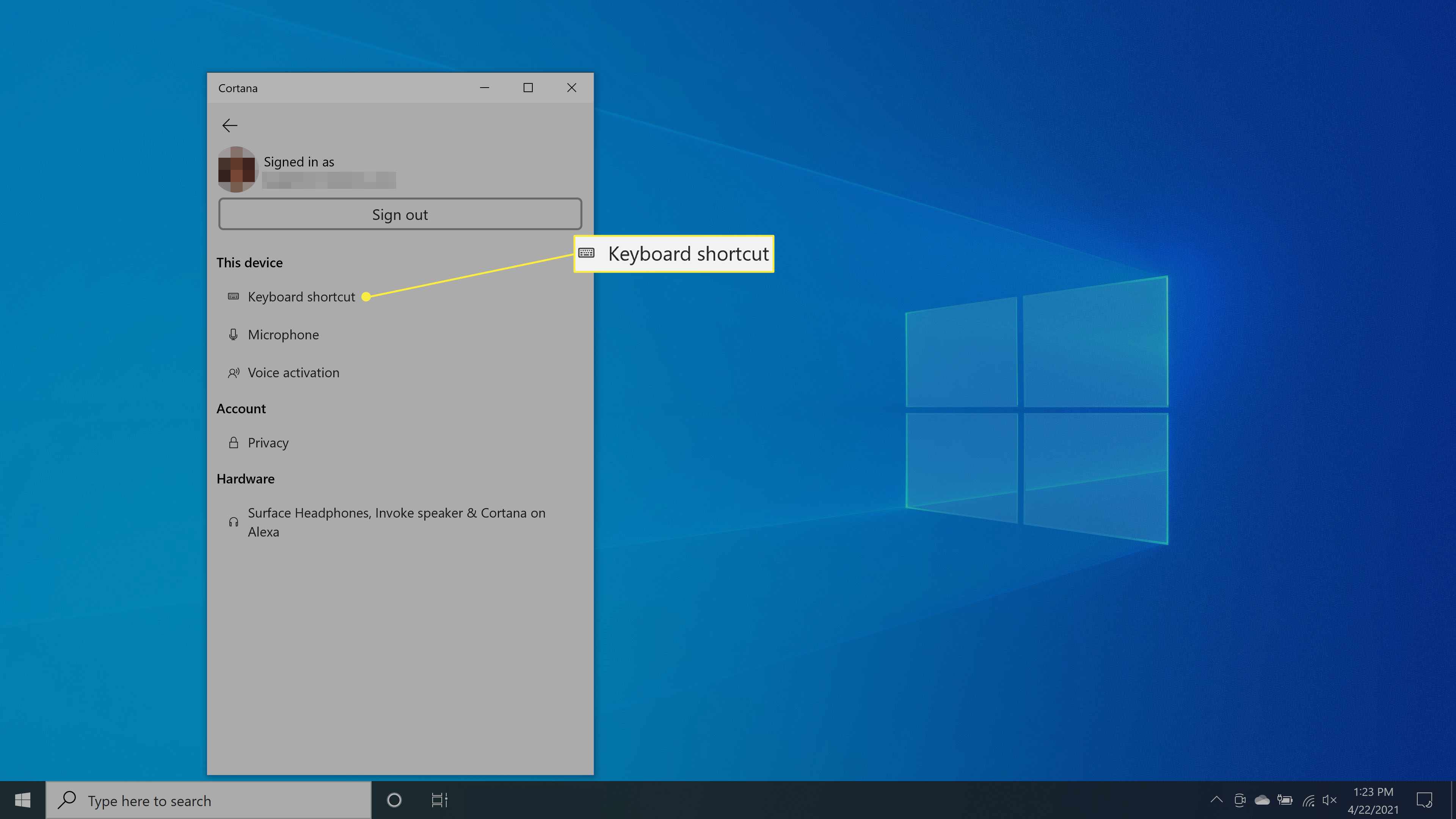 Sneltoetsinstelling selecteren in Cortana in Windows 10.
