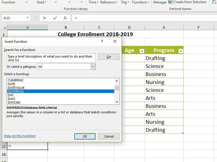 Functies in een Excel-database screenshot