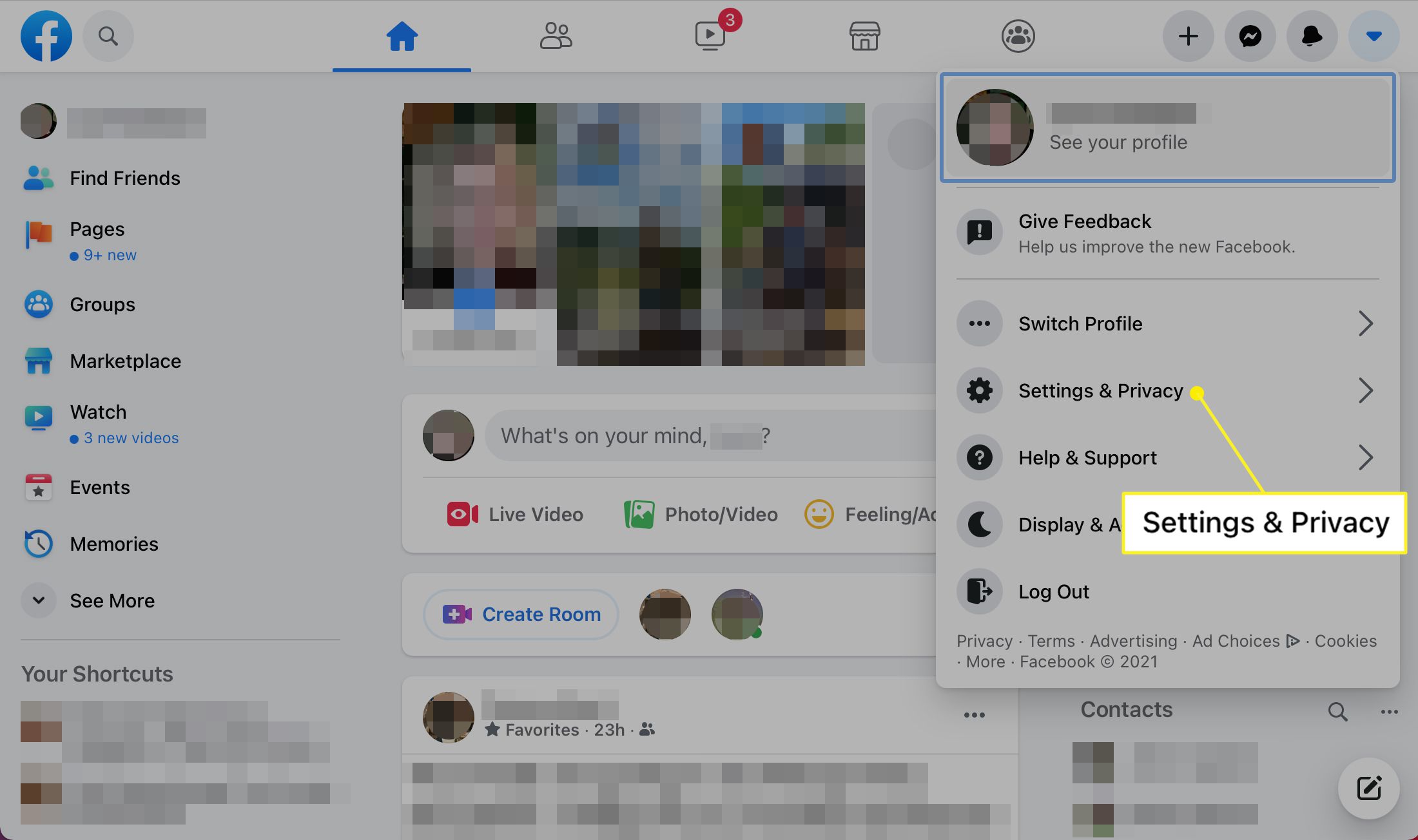 Instellingen en privacy gemarkeerd in het Facebook-menu