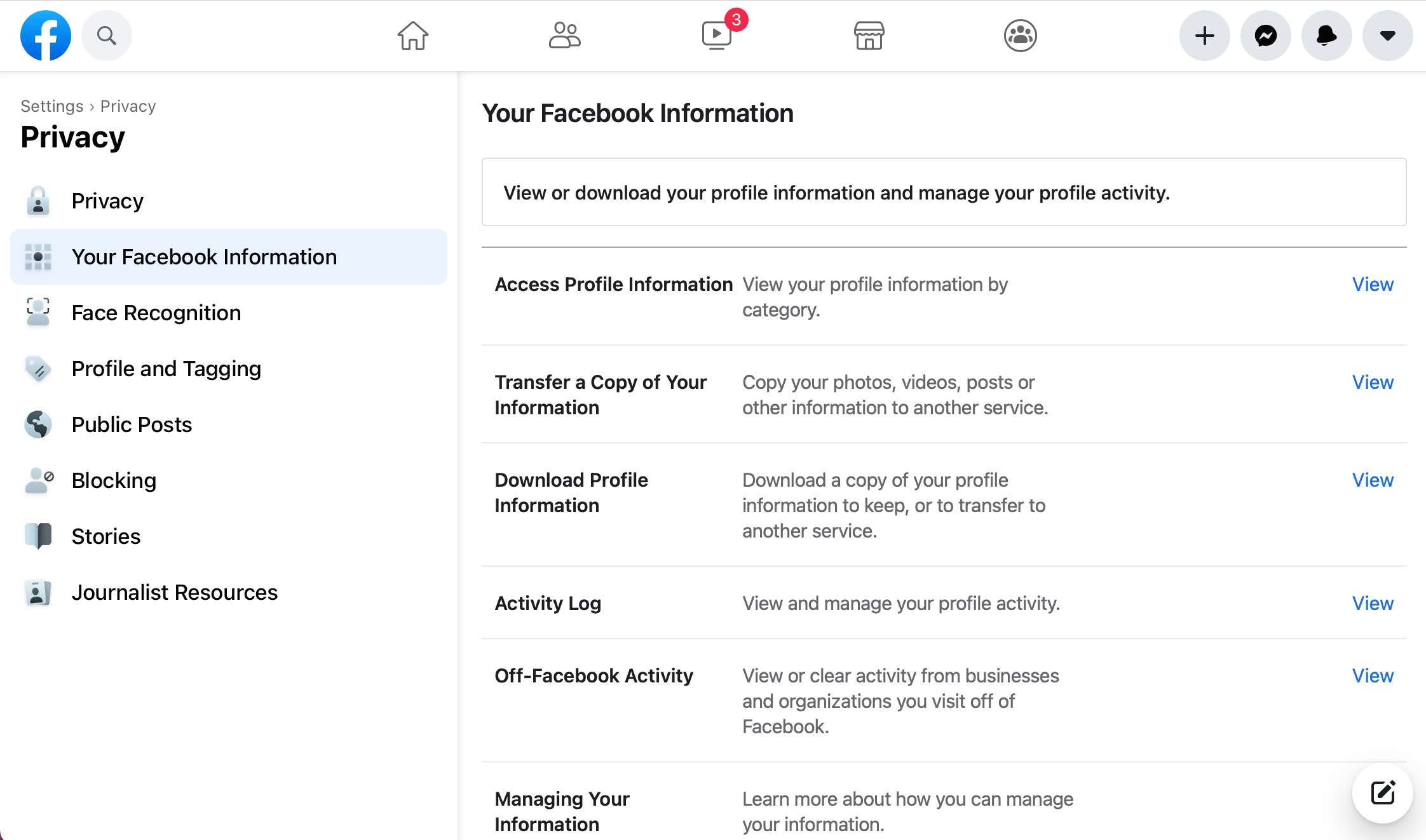 Het privacyscherm Uw Facebook-informatie van Facebook