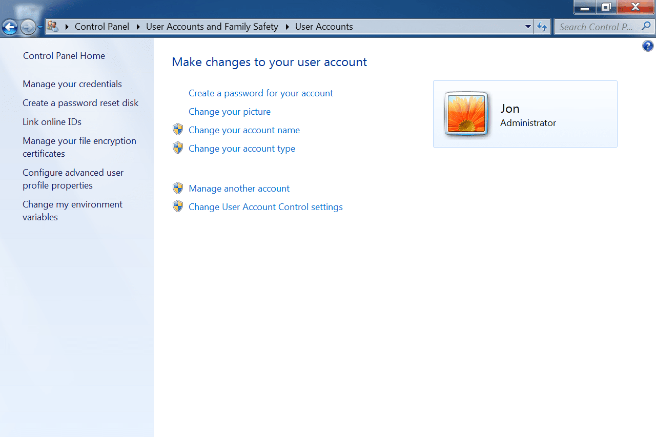 Windows 7 Gebruikersaccounts-scherm in Configuratiescherm