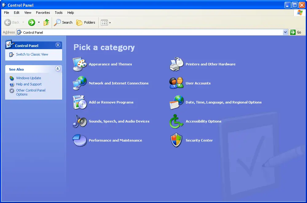 Configuratiescherm van Windows XP