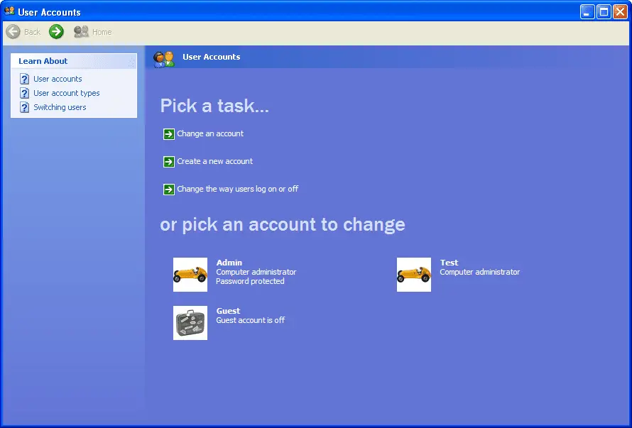 Windows XP-gebruikersaccounts in het Configuratiescherm