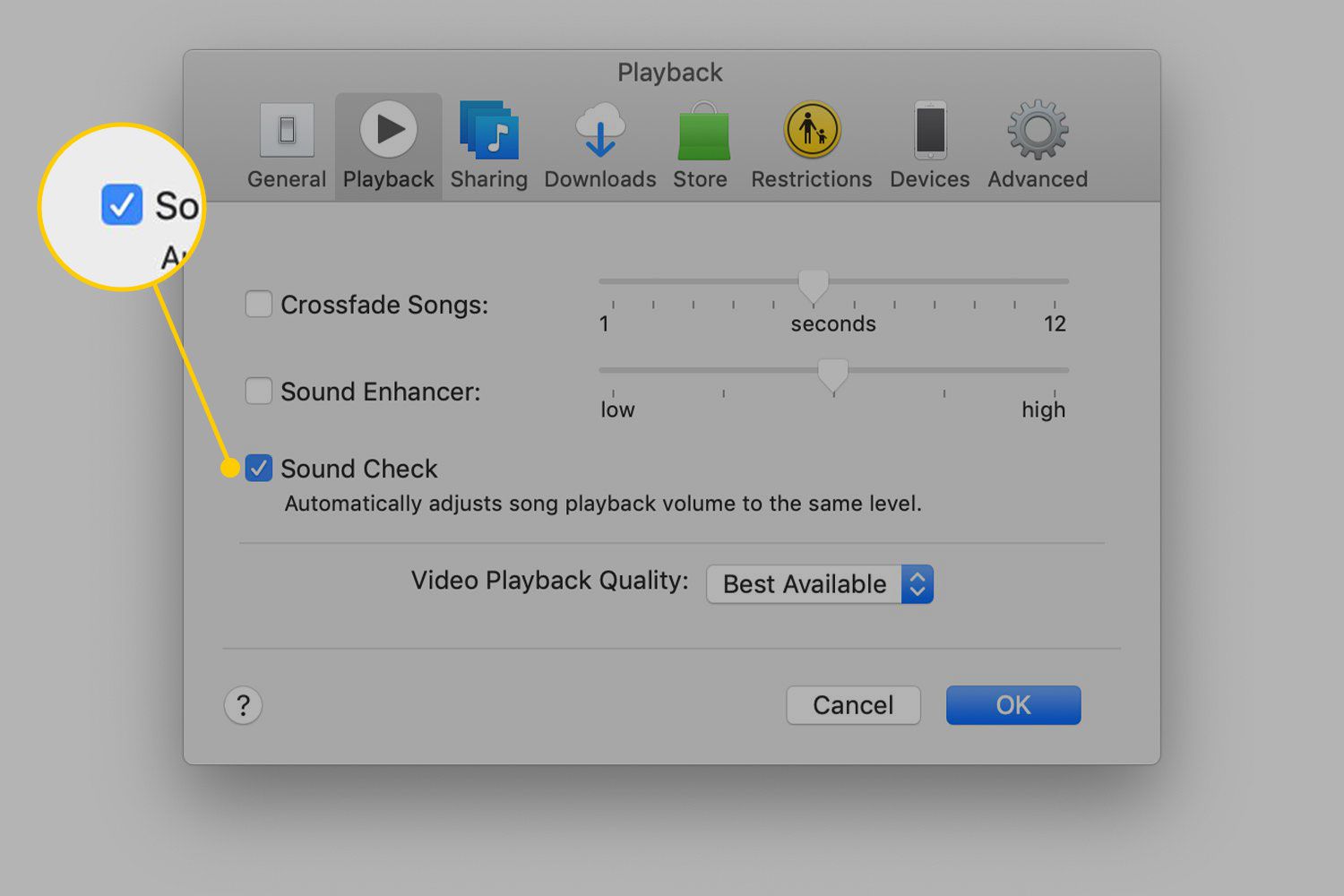 Sound Check-optie in iTunes-voorkeuren