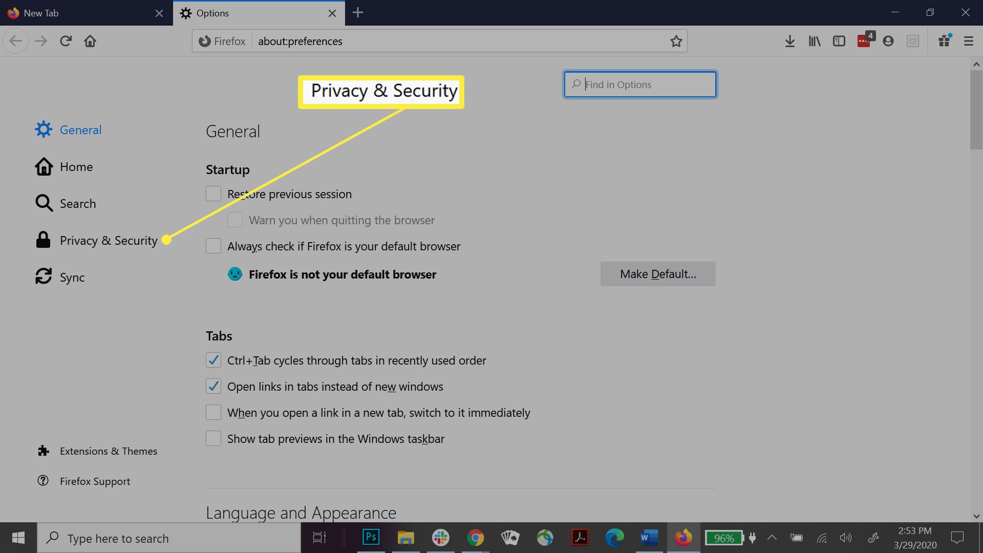 Firefox privacy- en beveiligingsinstellingen.