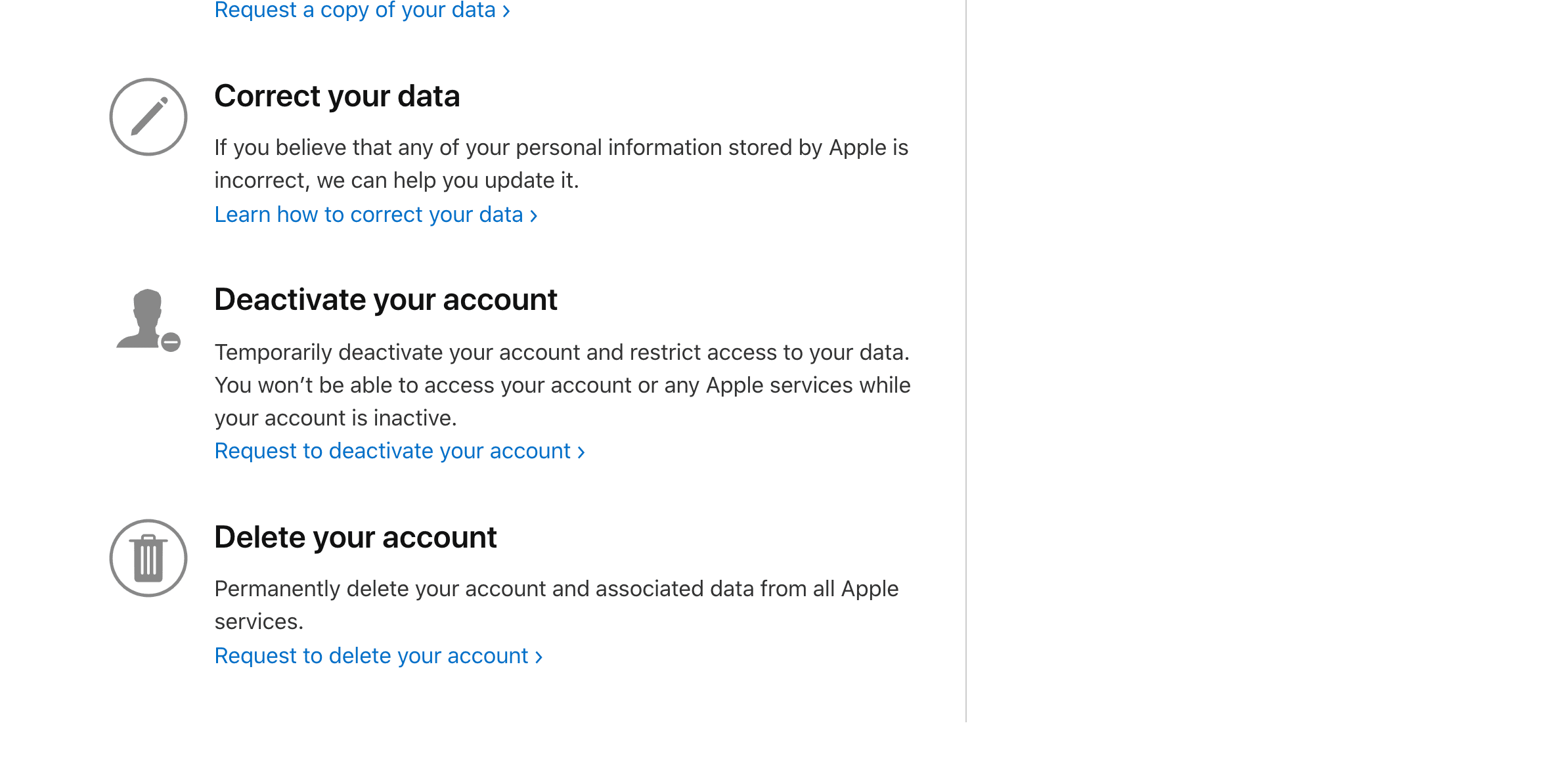 Schermafbeelding met de pagina Uw account verwijderen op Apple