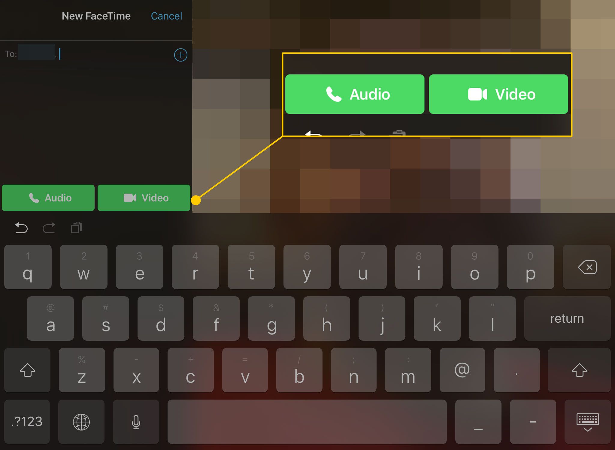 FaceTime op een iPad met de audio- en video-oproepknoppen gemarkeerd