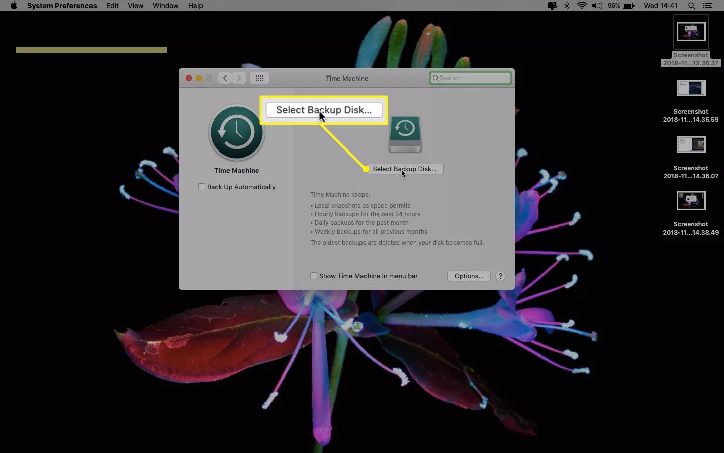 Time Machine op een Mac met Select Backup Disk 
