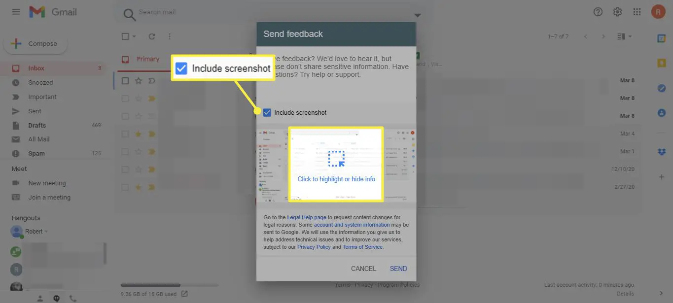 Voeg screenshot toe en klik om info te markeren of te verbergen in het feedbackvenster van Gmail