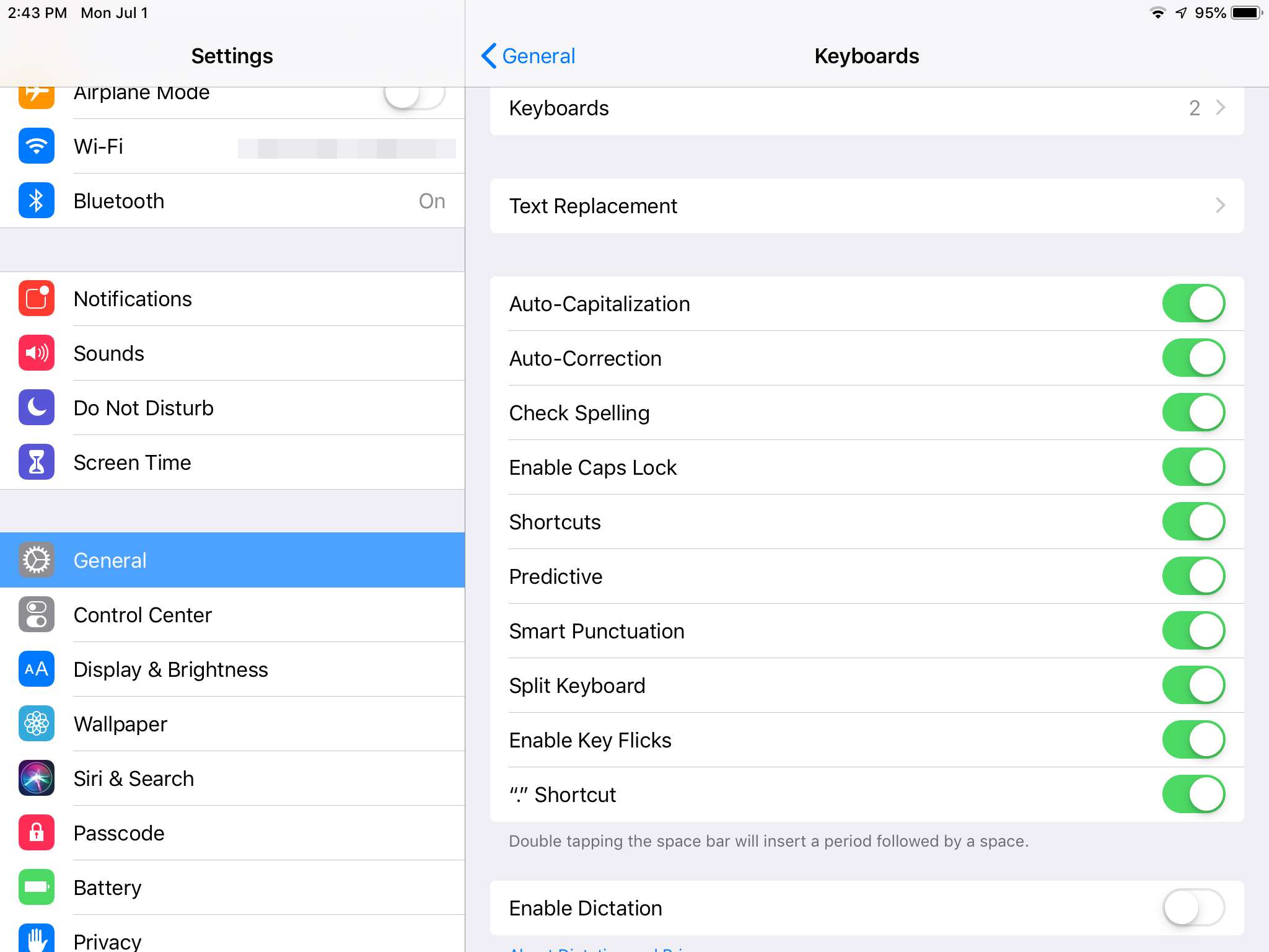 Lijst met toetsenbordopties in iPad-instellingen