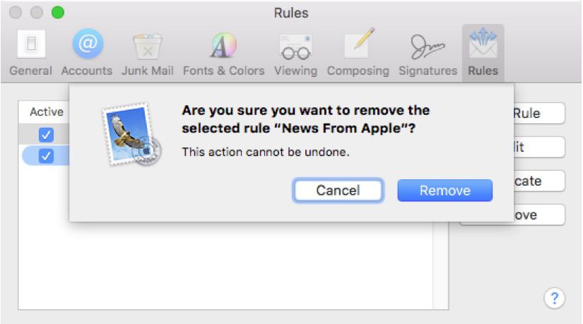 Screenshot van het verwijderen van markeringen in Apple Mail