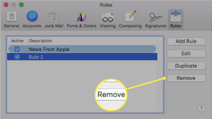 Verwijderen selecteren voor een regel in Apple Mail.