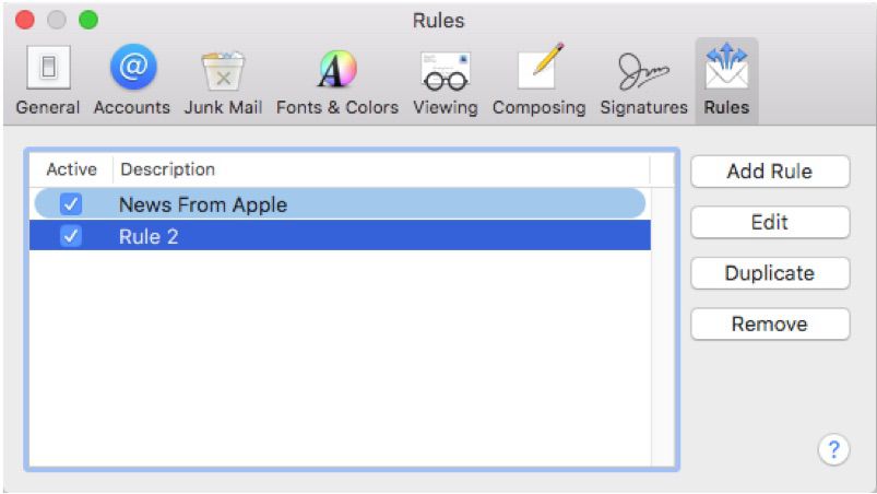 Screenshot van markeringsregels die zijn ingesteld in Apple Mail