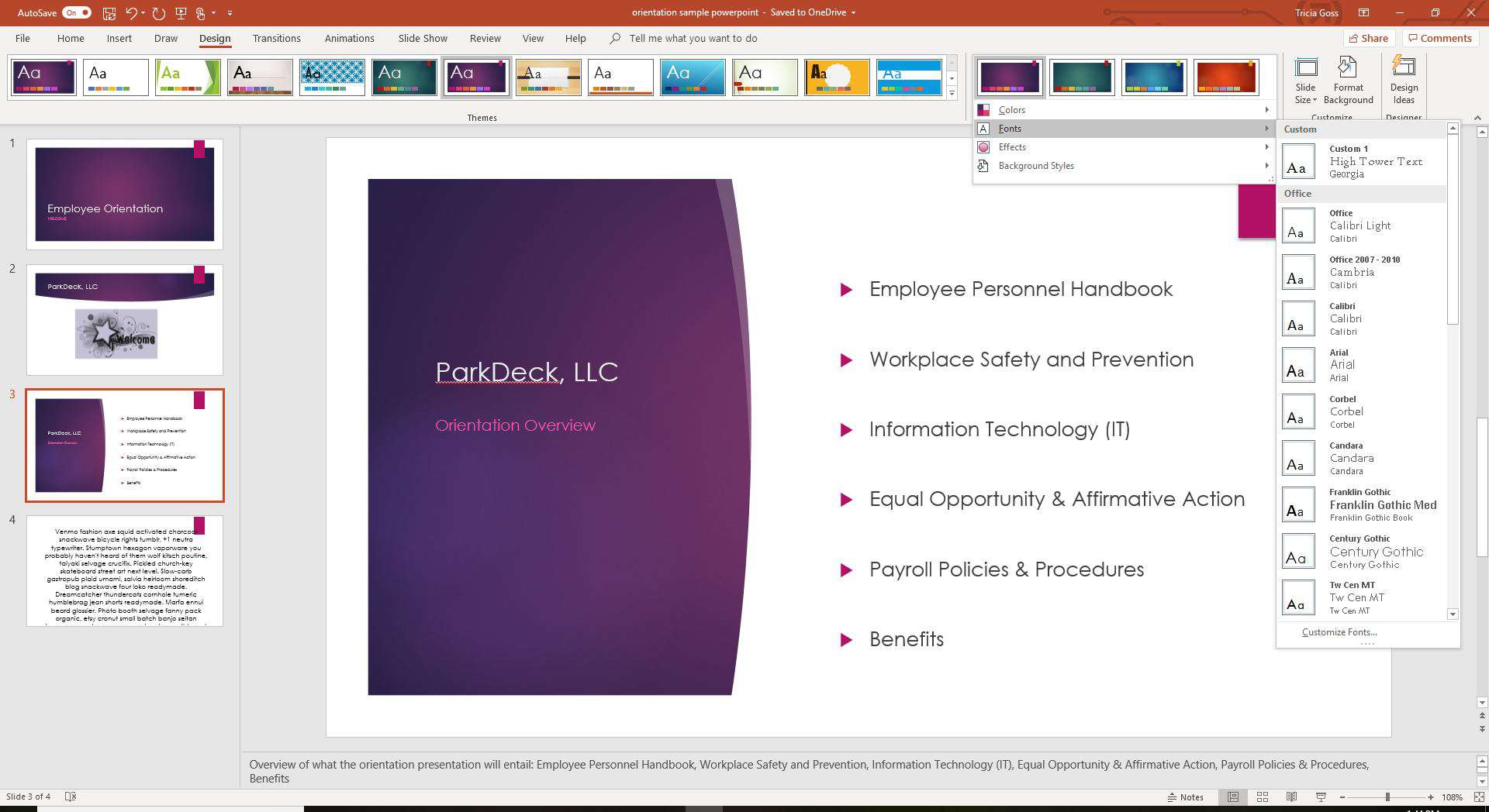 Een schermafbeelding die nieuwe themalettertypen kiest in PowerPoint.