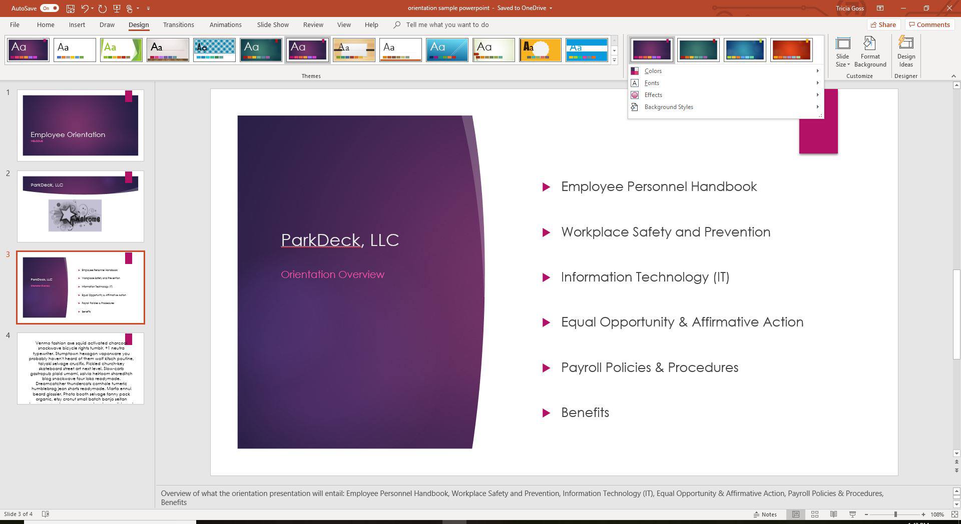 Een schermafbeelding met de vervolgkeuzelijst Varianten in PowerPoint.