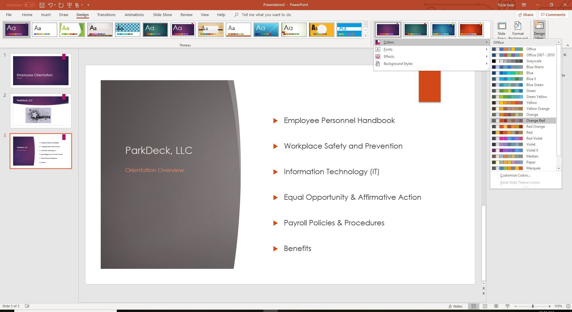 Een screenshot met een voorbeeld van PowerPoint-themakleuren.
