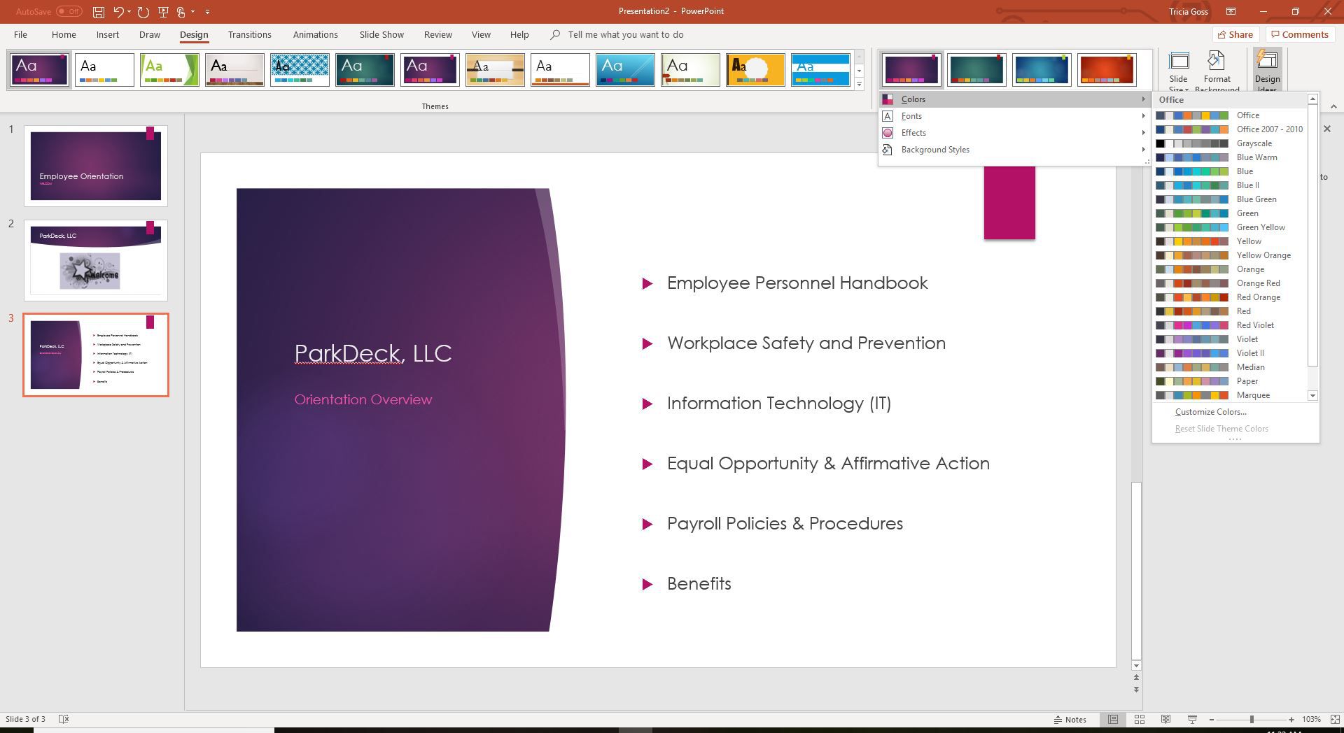 Een screenshot die PowerPoint-themakleuren aanpast.