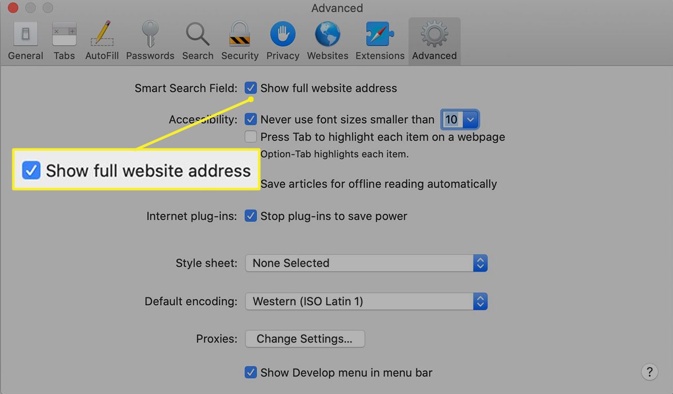 Safari Advanced-voorkeurenscherm op een Mac