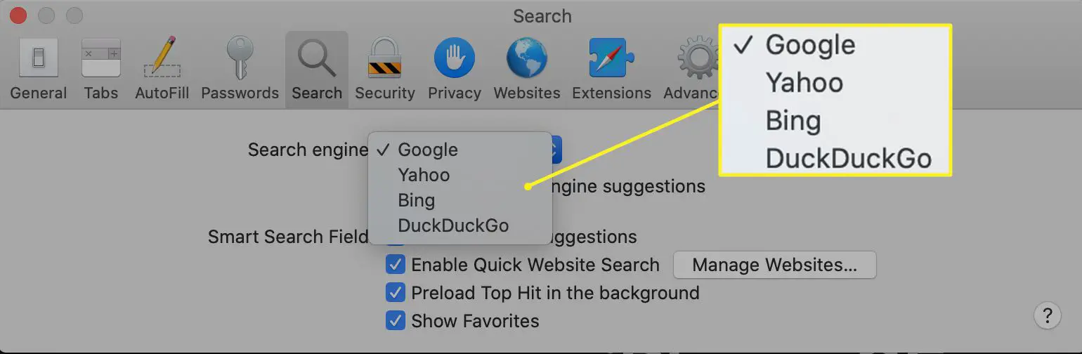 Een menu met de zoekmachines voor gebruik met Safari