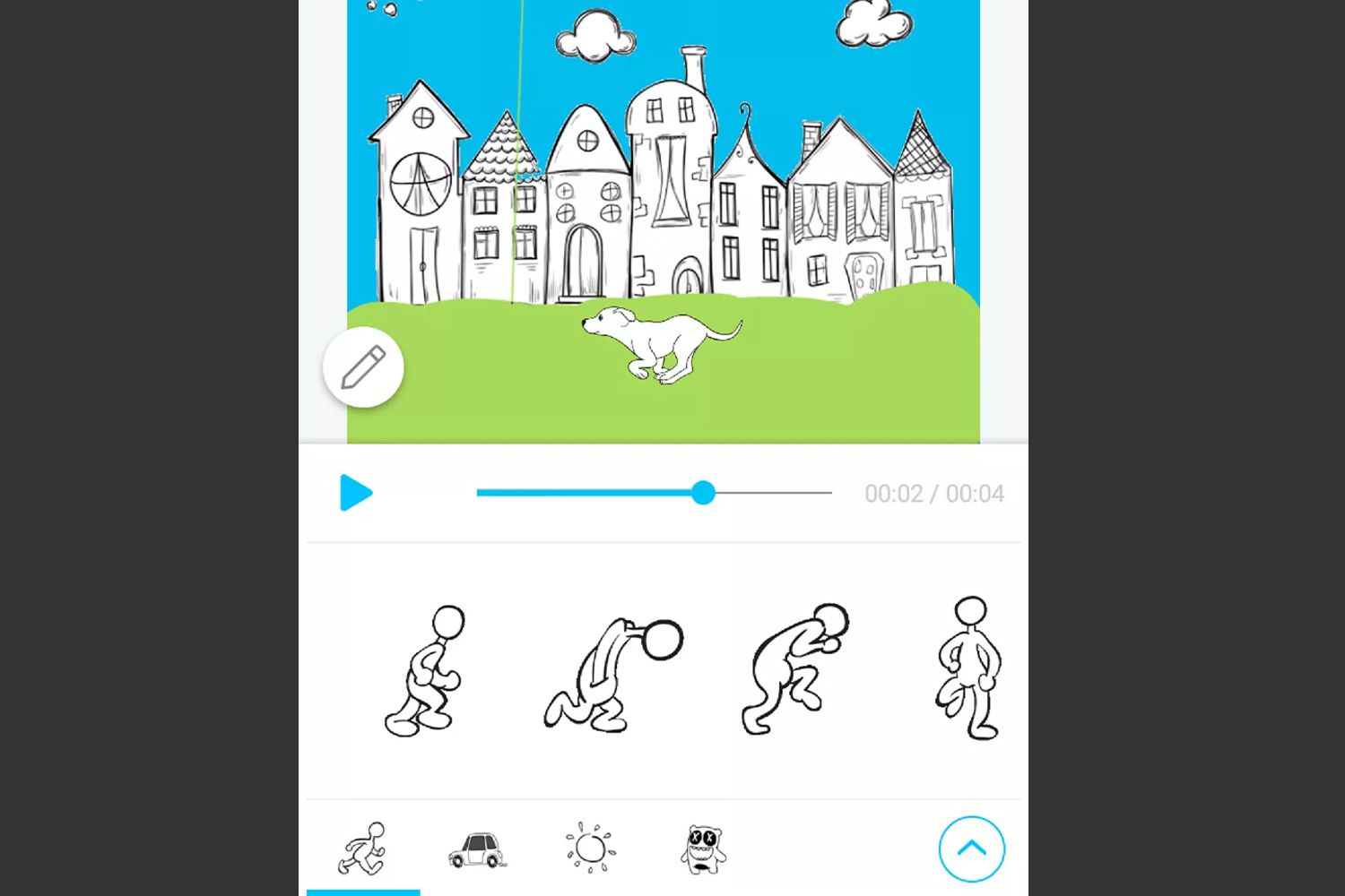 PicsArt Animator's video-editor, met een voorbeeld van een korte video gemaakt met een vooraf gemaakte achtergrond met een geanimeerde sticker toegevoegd