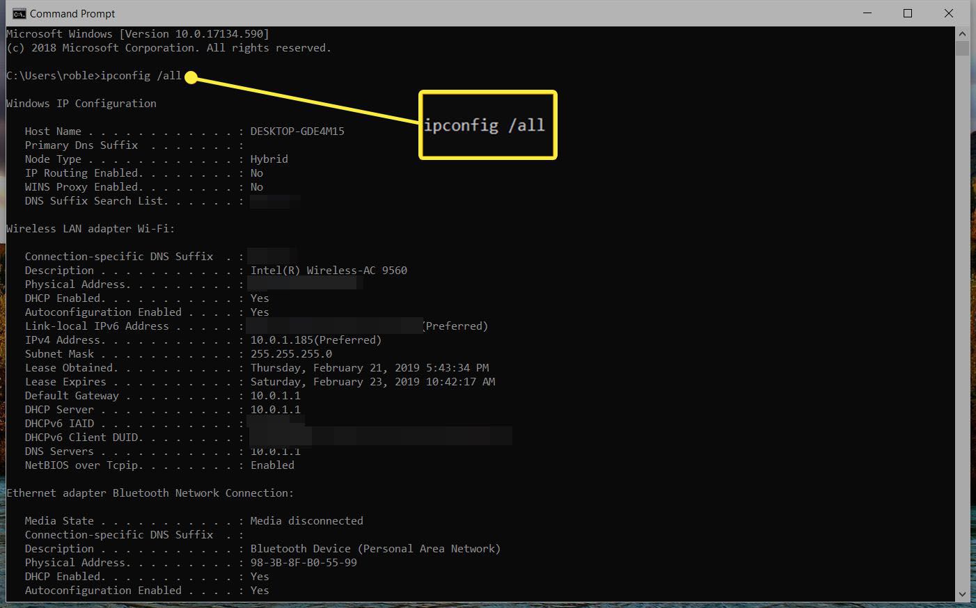 screenshot ipconfig /all commando en resultaat in Command Prompt via Windows 10