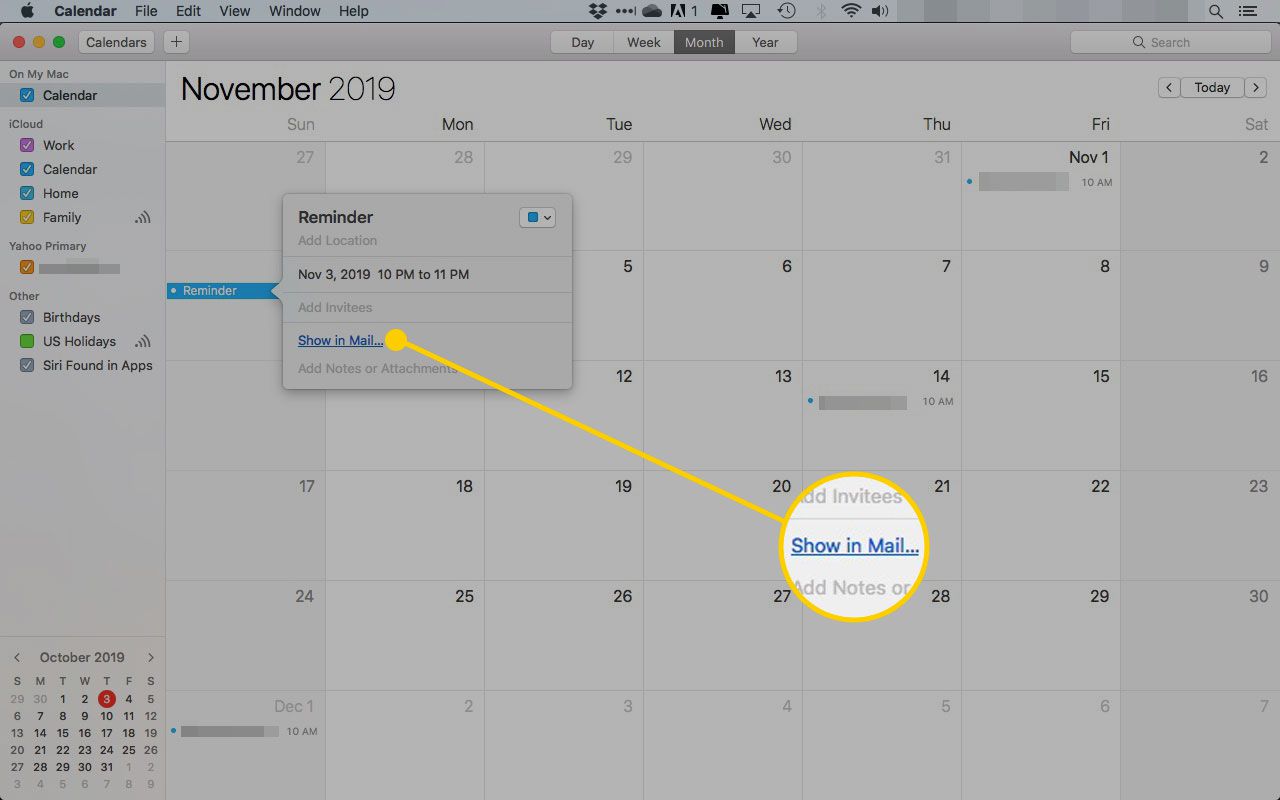 Een evenement in Agenda in macOS met de koppeling Weergeven in e-mail gemarkeerd