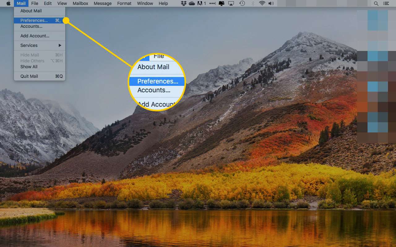 Mac OS X Mail met de optie Voorkeuren gemarkeerd