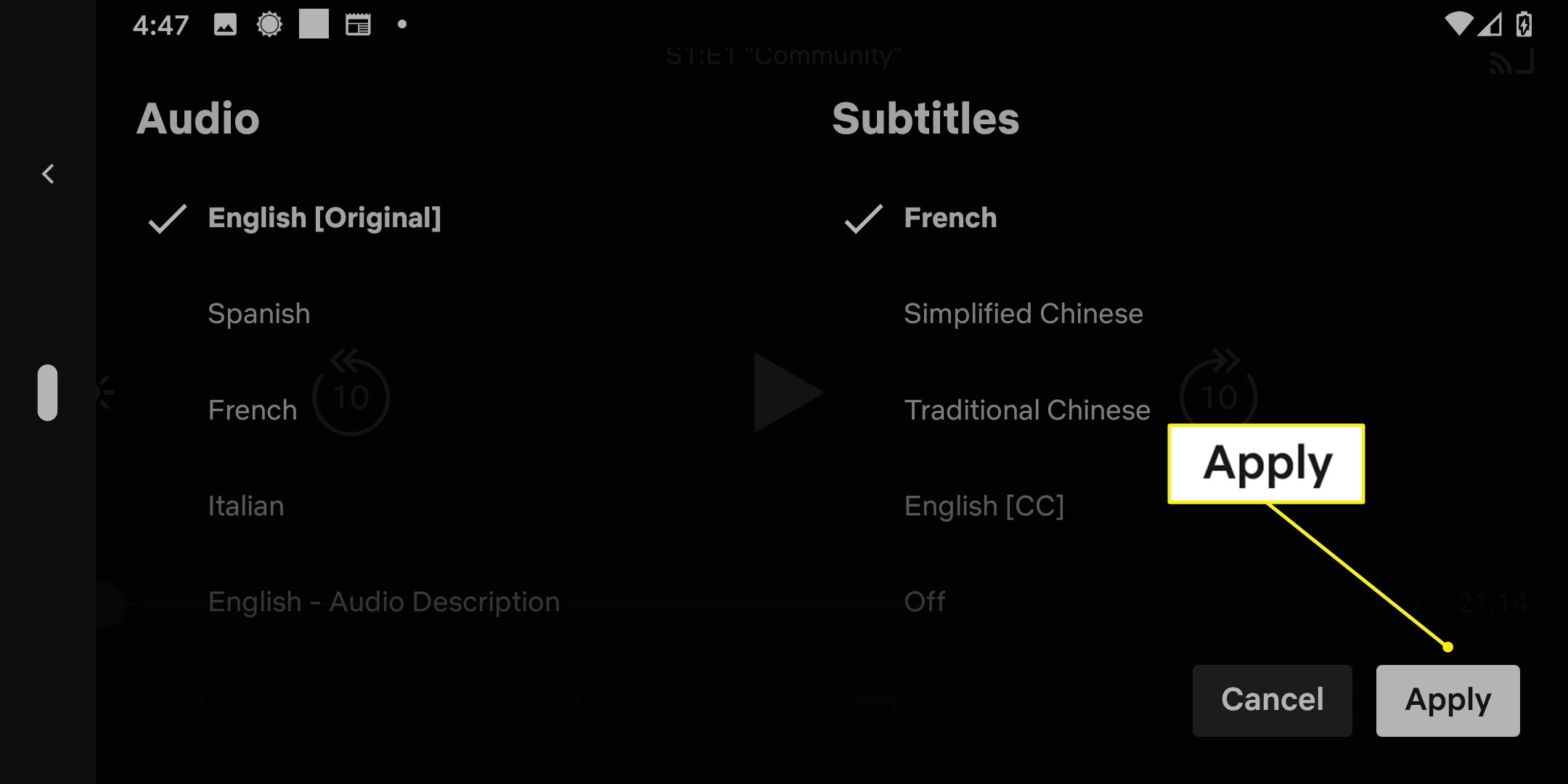 Ondertitelingsopties in de Netflix-app met Toepassen gemarkeerd