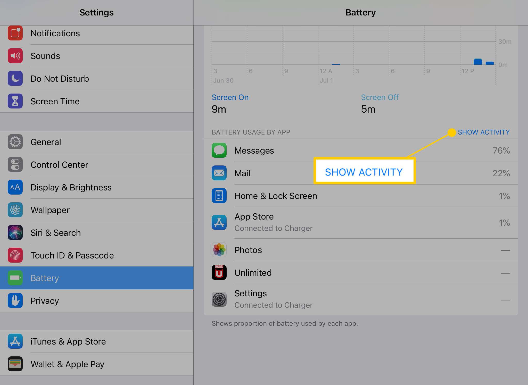 Toon Activiteit-knop in Batterij-instellingen op een iPad