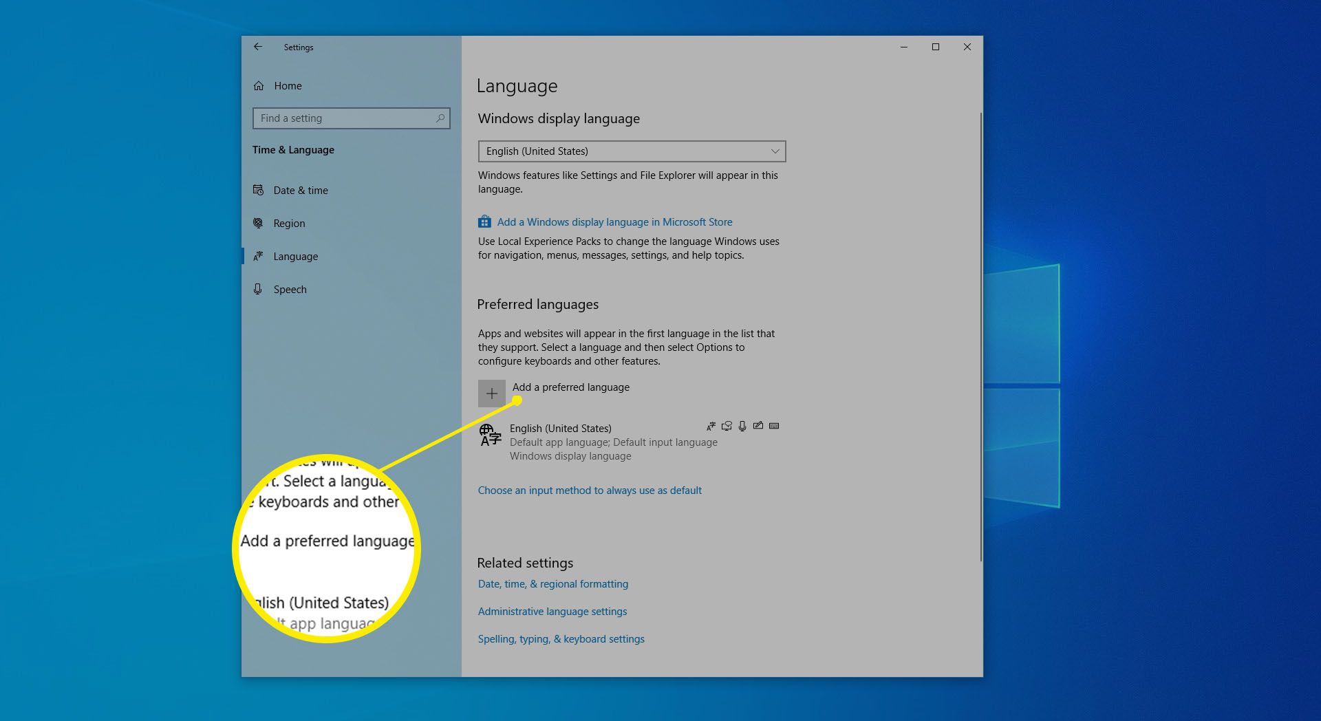 Installeer een nieuwe taal in Windows 10.