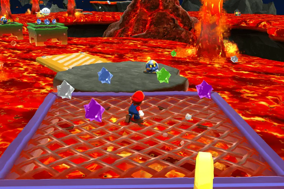 Schermopname van Super Mario die een lavaput probeert over te steken.