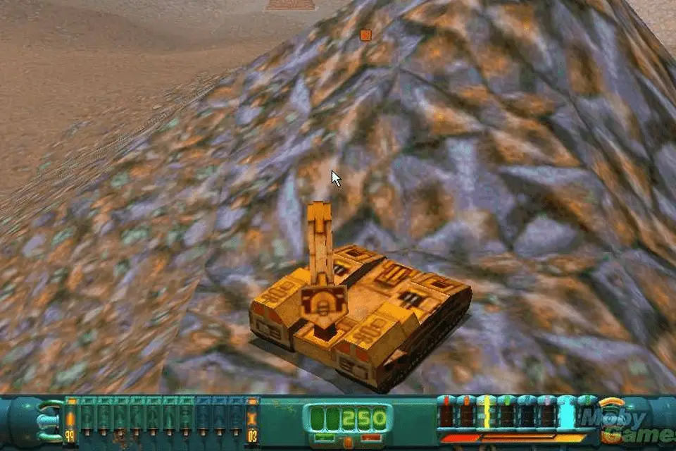 Een futuristische tank met een torentje op een heuvel in een dor landschap.  .