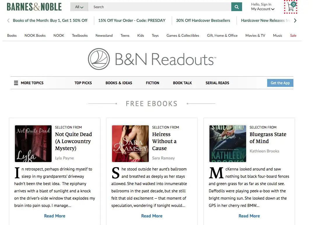 Screenshot van B&N Readouts, die gratis Nook eBooks aanbiedt