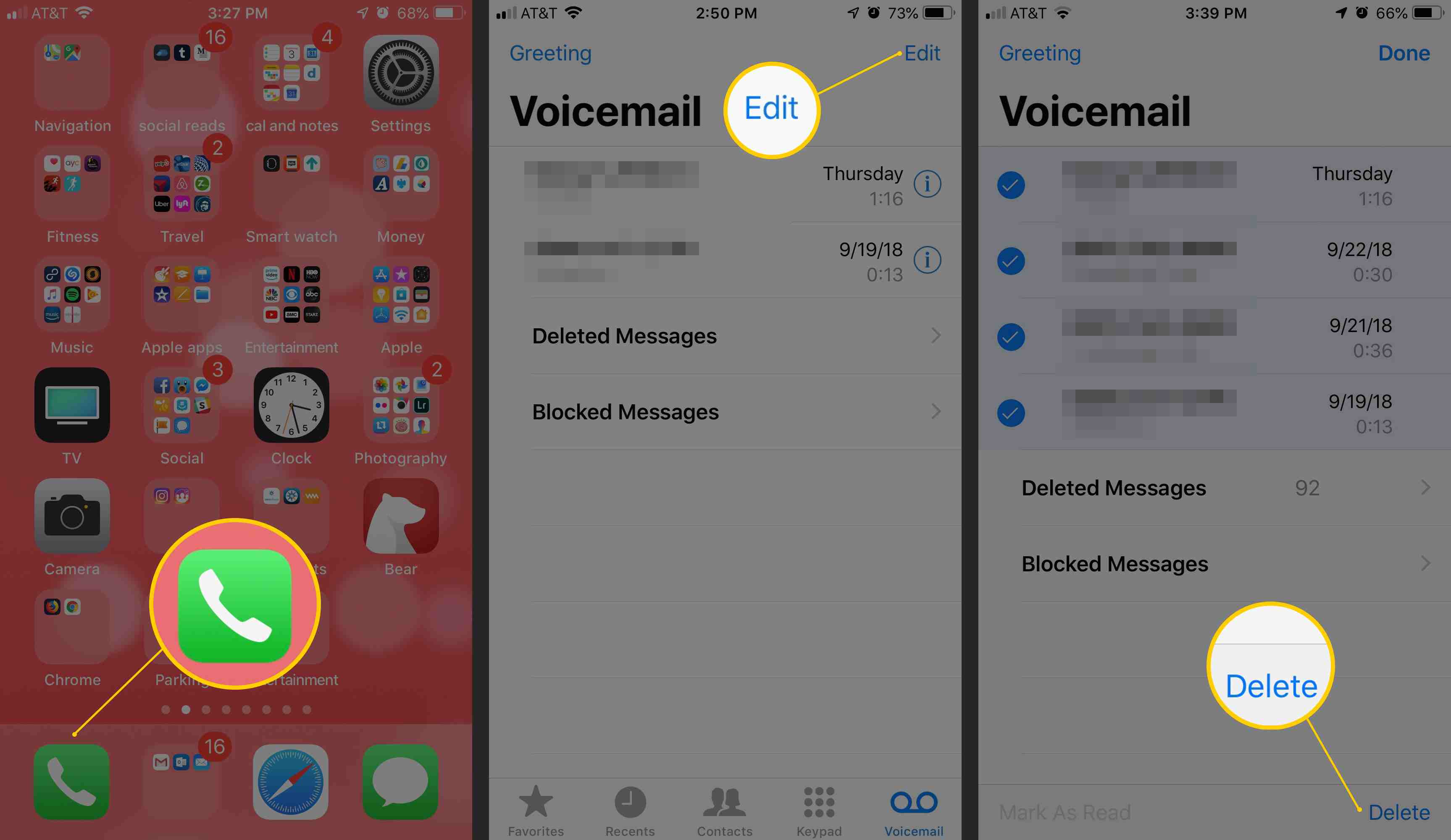 Het app-pictogram Telefoon, de knop Bewerken en de knop Verwijderen in Voicemail op iOS