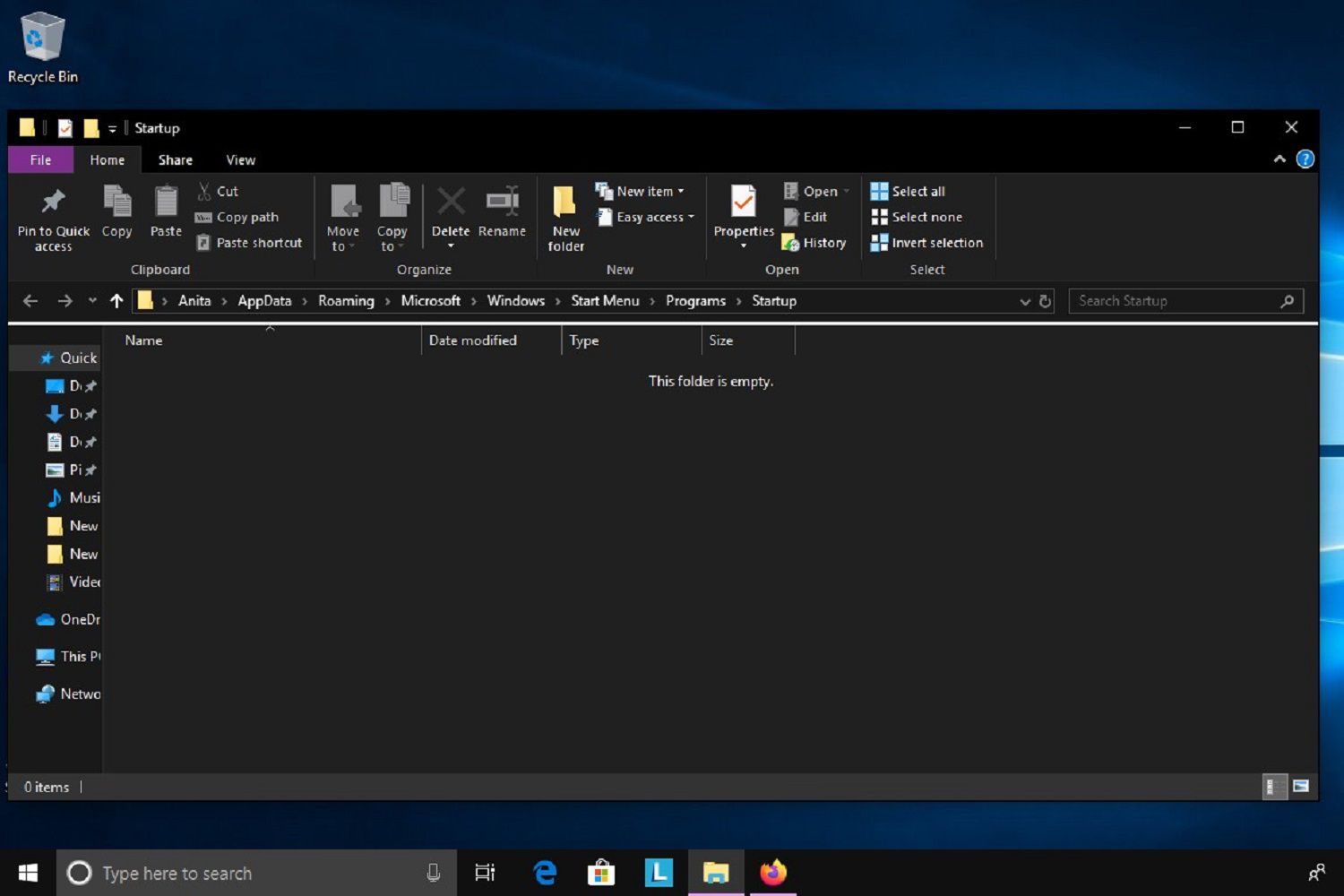 Screenshot van de opstartmap van Windows 10 zodra deze is geopend en klaar voor gebruik.
