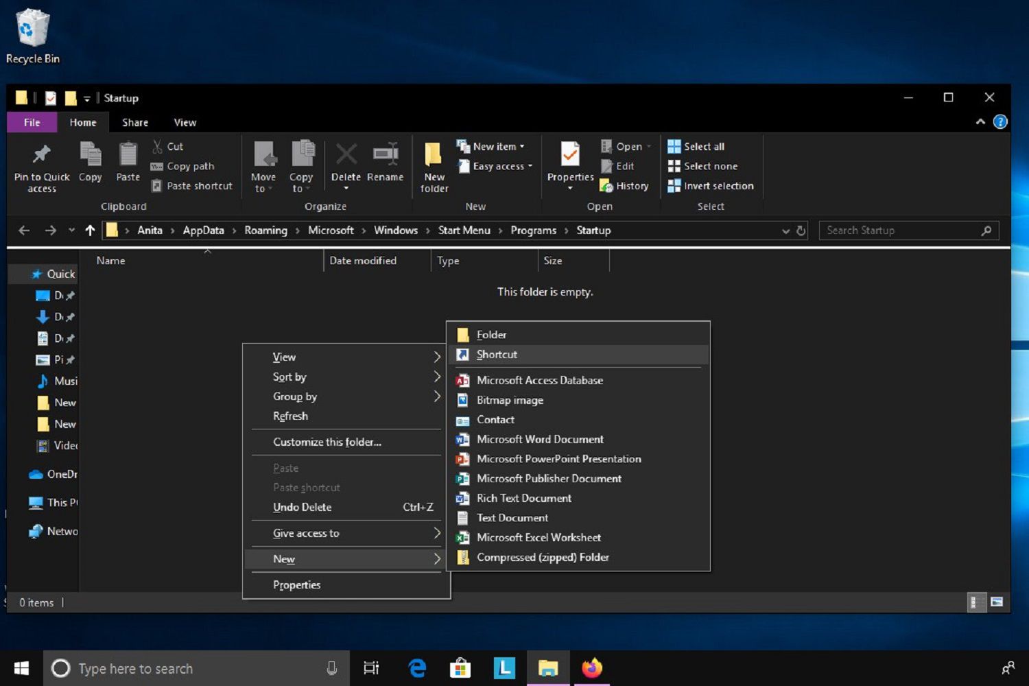 Screenshot van de eerste paar stappen voor het toevoegen van een nieuw programma aan de opstartmap van Windows 10.