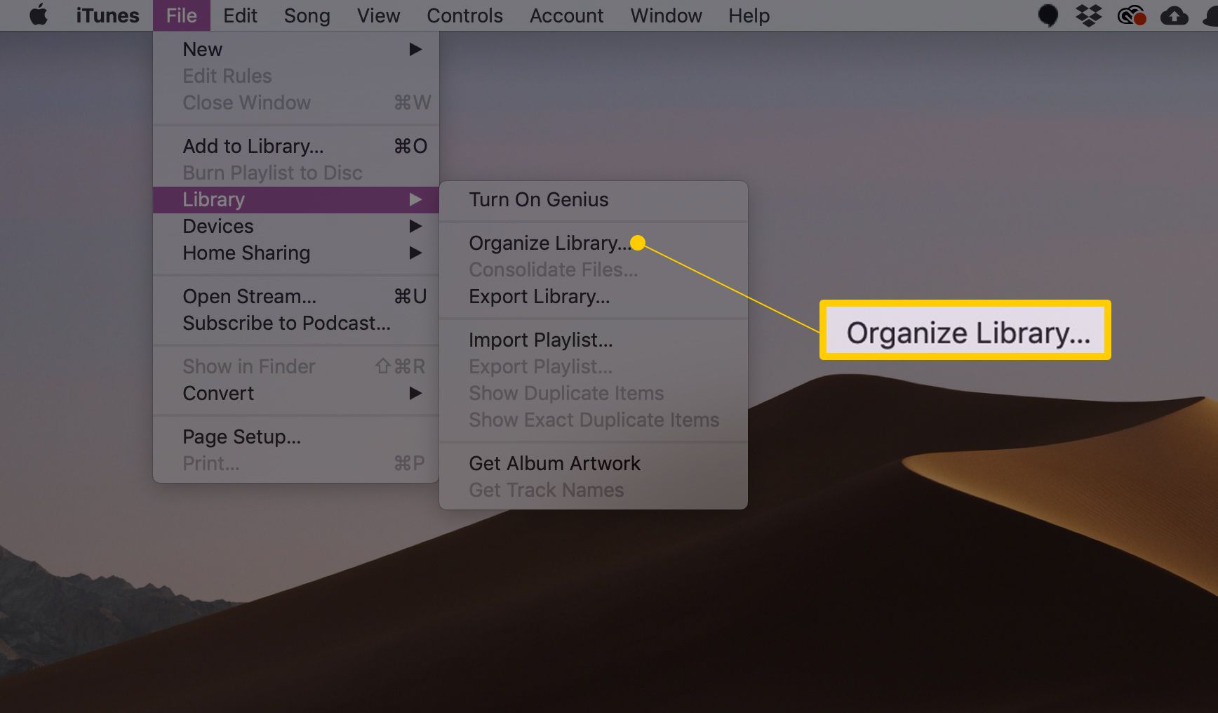 Organiseer Bibliotheek... menu-item in Bestand, Bibliotheek-menu op macOS
