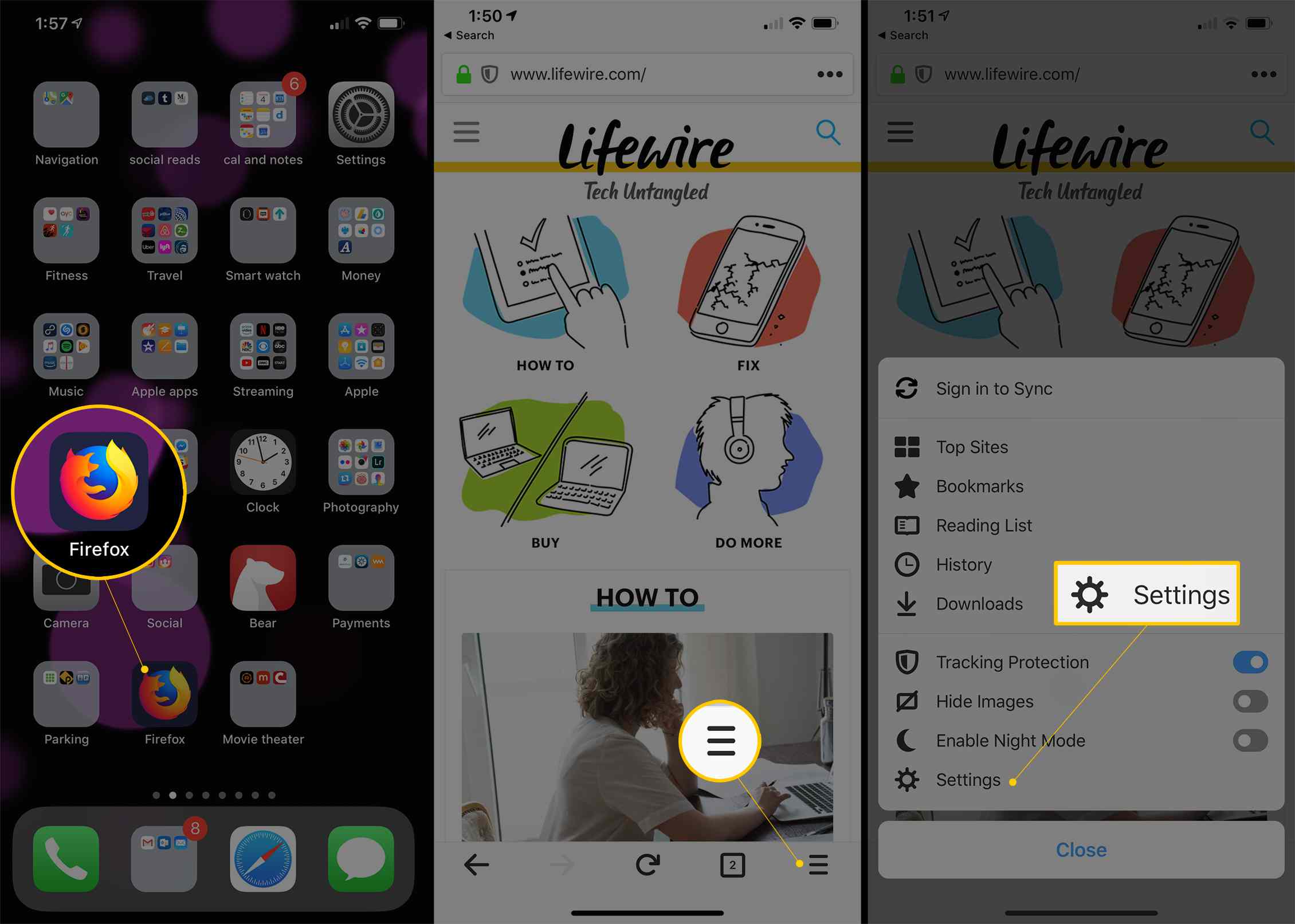 Drie iOS-schermen met het Firefox-pictogram, het hamburgermenu en de knop Instellingen